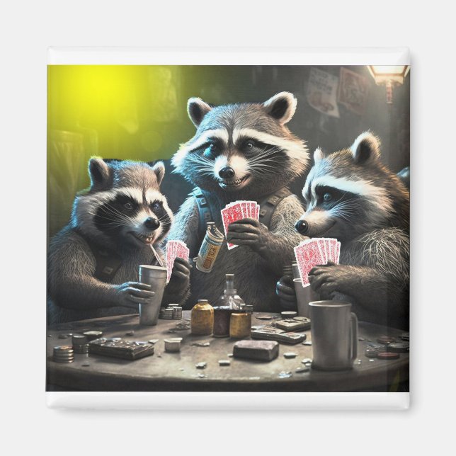 Imán Raccoons jugando al póker (Frente)