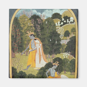 Imán Radha y Krishna que caminan en una arboleda