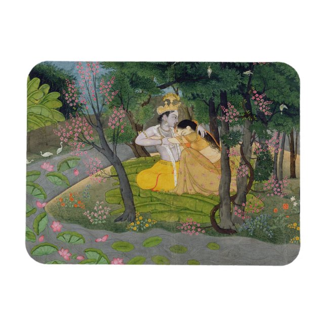 Imán Radha y Krishna se abrazan en un bosque de flores (Horizontal)