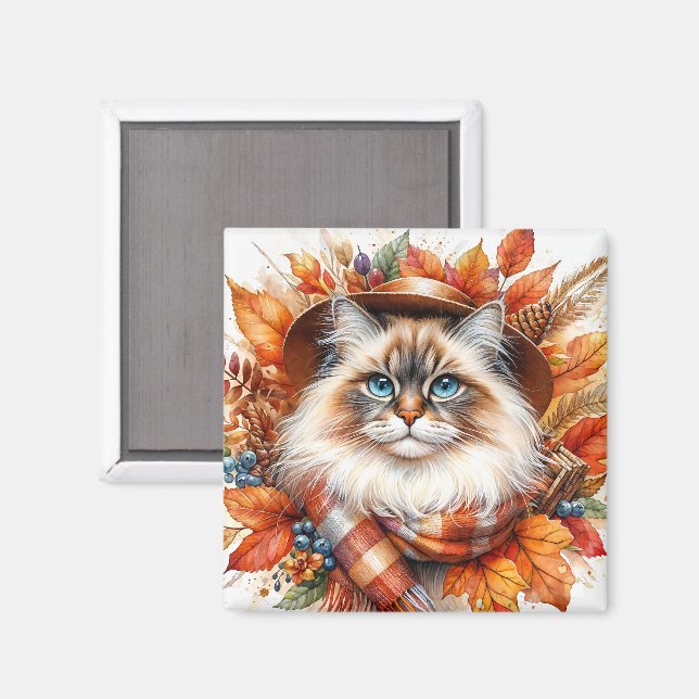 Imán Ragdoll Cat En Otoño Con Scarf (Anverso/Reverso)