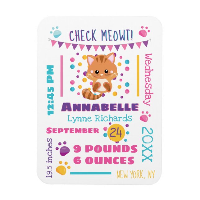 Imán Rainbow Confetti Cute Kitty Cat Baby Stats (Vertical)