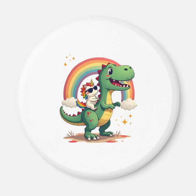 Imán Rainbow Unicorn Riding T rex - Dinosaur Boys Girls (Frente)