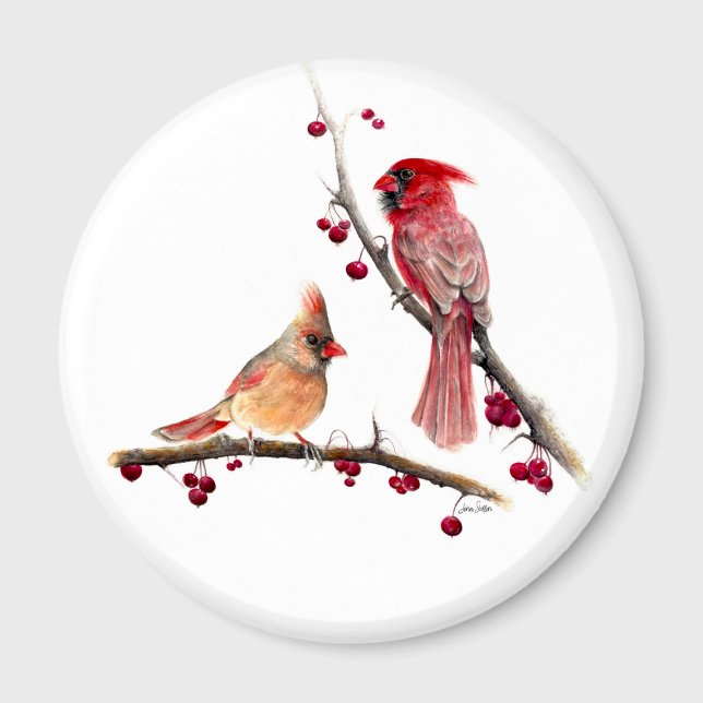 Imán Ramas de Berry de Pareja Cardinal (Cardinal Couple Berry Branches Magnet from Jenn Steffen Art
)