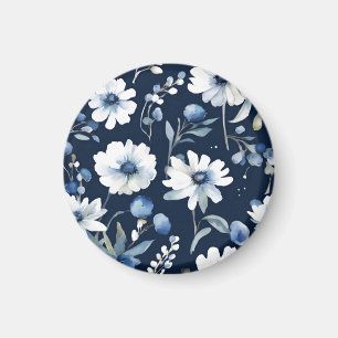 Imán Ramo de Flores Elegante Acuarela Azul