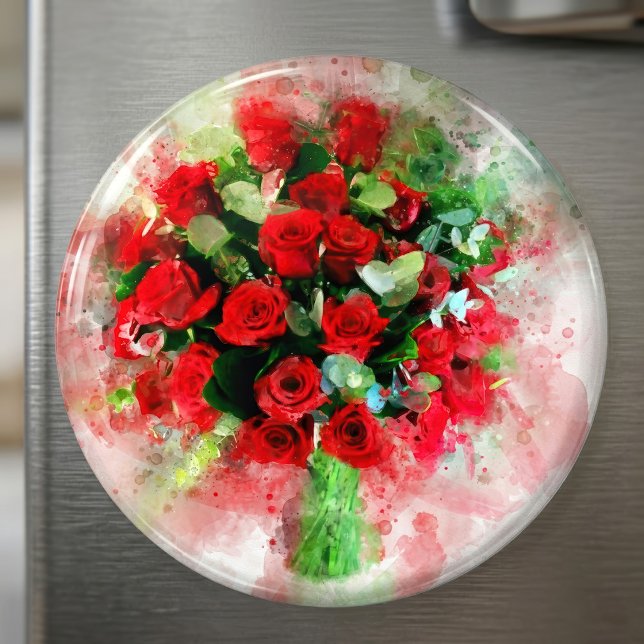 Imán Ramo de Rosas Rojas Acuarela sobre Fondo Blanco (Red Roses Bouquet Watercolor on White Background. Magnet)