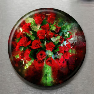 Imán Ramo de Rosas Rojas Acuarela sobre Fondo Negro