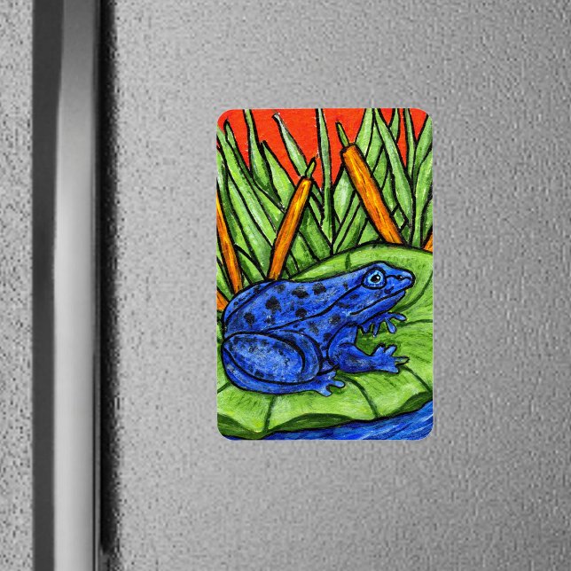 Imán Rana vibrante de veneno azul (Vibrant blue poison frog on lily pad tall grass with reeds on rectangle magnet.)