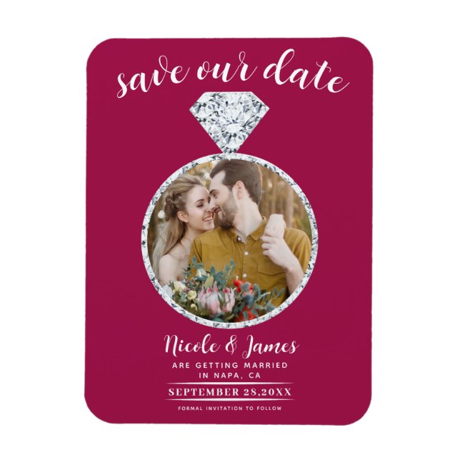 Imán Raspberry Pink Diamond Ring Bling Save the Date (Vertical)