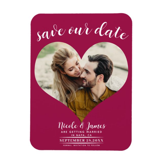 Imán Raspberry Pink Heart Photo Wedding Save the Date (Vertical)