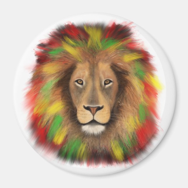 Imán Rasta cabeza de león rojo dibujo verde amarillo Ja (Frente)