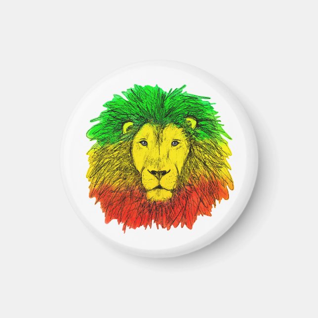 Imán Rasta cabeza de león rojo dibujo verde amarillo Ja (Frente)