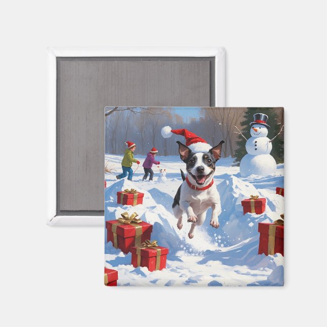 Imán Rat Terrier corre en Nieve con Gorra Navidad (Anverso/Reverso)