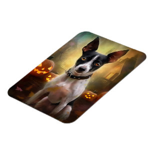 Imán Rat Terrier de Halloween con calabazas asustadas