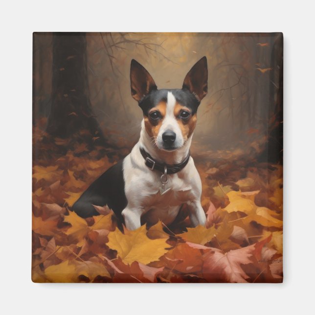Imán Rat Terrier en otoño hojas caídas inspiran (Frente)