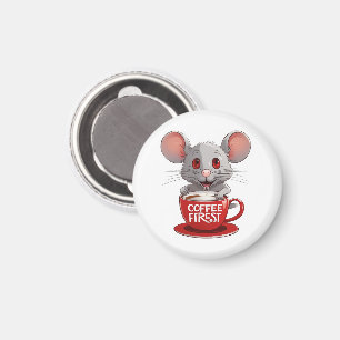 Imán Ratón Adorable con Cafeína en Taza Roja