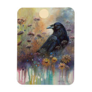 Imán Raven pintado a mano con flores silvestres