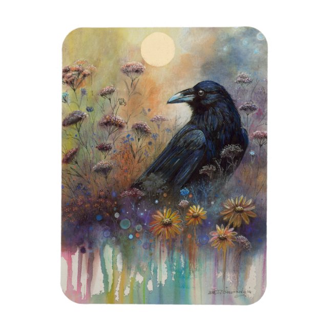 Imán Raven pintado a mano con flores silvestres (Vertical)