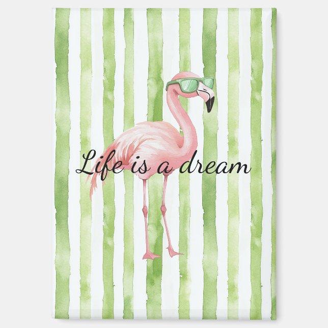 Imán Rayas blancas verdes Flamingo rosa (Anverso)