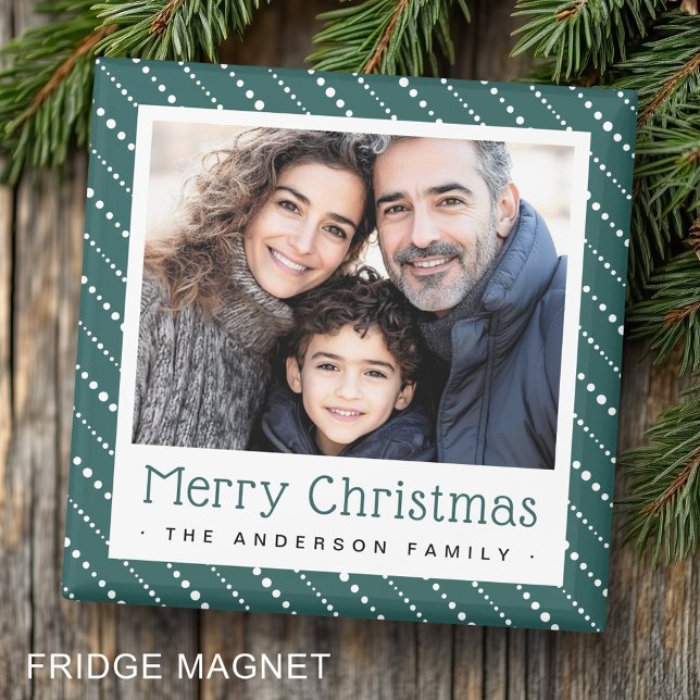 Imán Rayas de punto cúrcuma alegre foto verde de pino d (Cute dot stripes merry Christmas pine green photo Magnet)