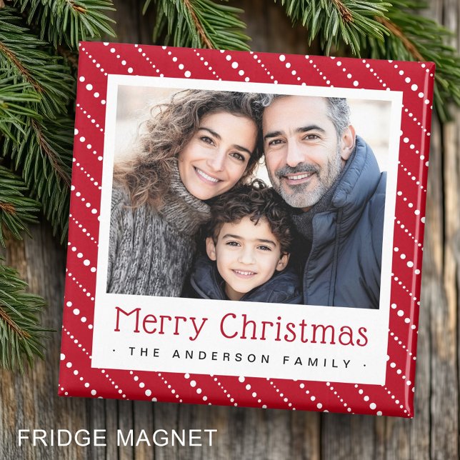 Imán Rayas punteadas cortas alegres foto roja de Navida (Cute dotted stripes merry Christmas red photo Magnet)