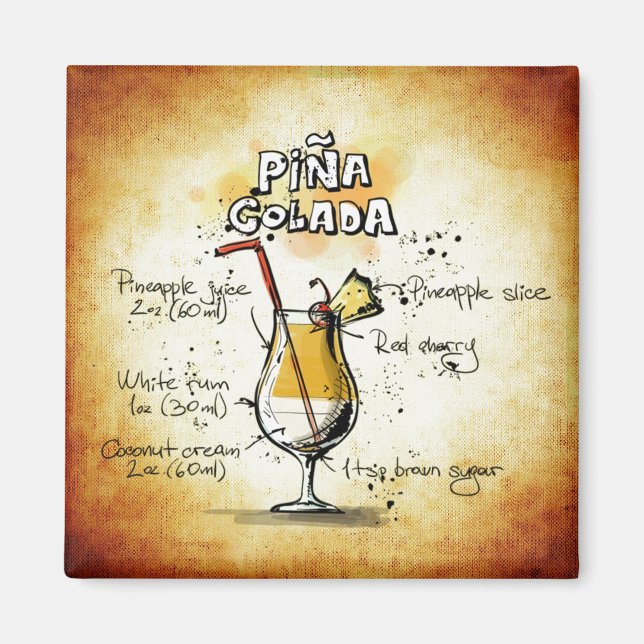 Imán Receta de Pina Colada Bebida tropical (Frente)
