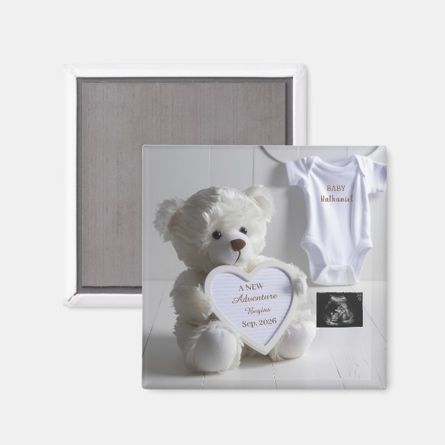 Imán Recuerdo de anuncio de embarazo de oso blanco mini (Anverso/Reverso)