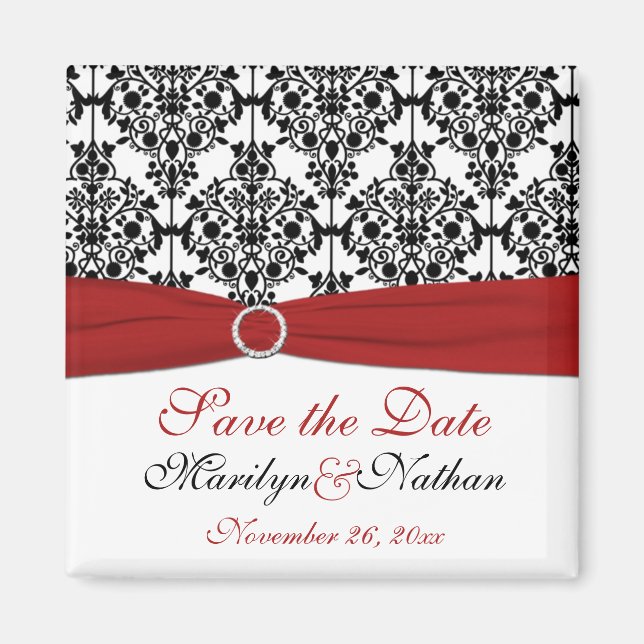 Imán Red, blanco y negro Damask Wedding Favor Magnet (Frente)