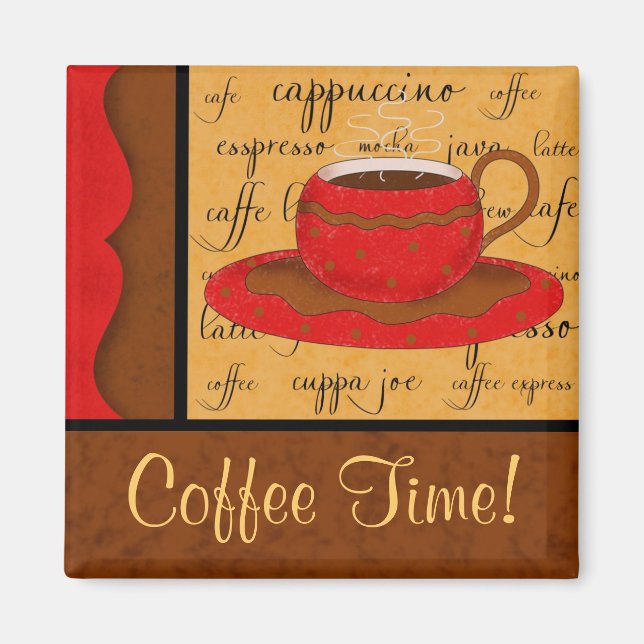 Imán Red Brown Gold Whimsy Coffee Cup Art Custom Name (Frente)
