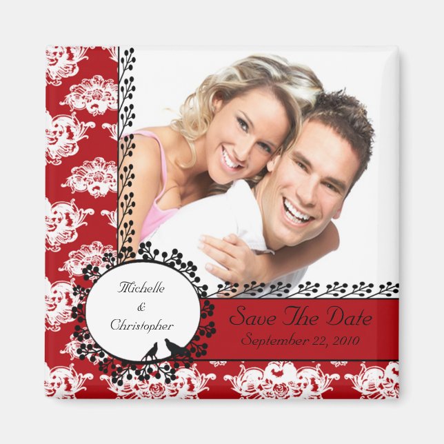 Imán Red Damask Love Birds Foto Save the Date Magnet (Frente)
