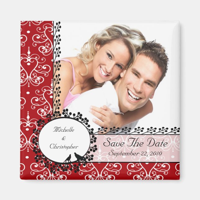 Imán Red Damask Love Birds Foto Save the Date Magnet (Frente)