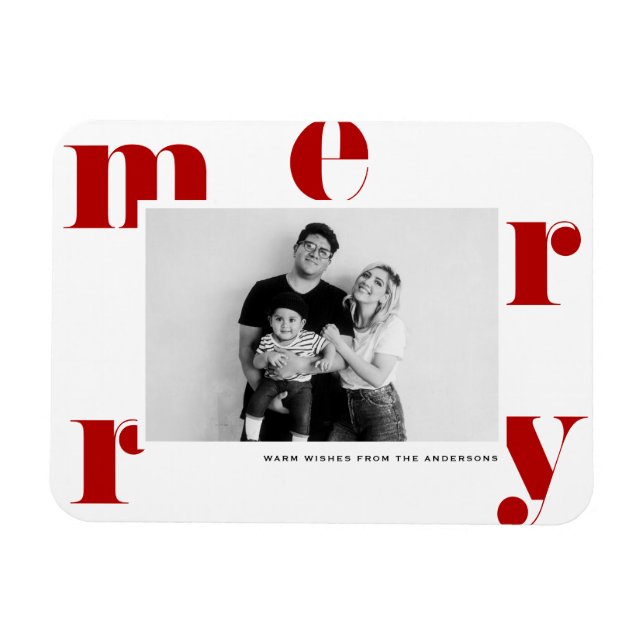 Imán Red MERRY Bold Typography Navidades modernos de fo (Horizontal)