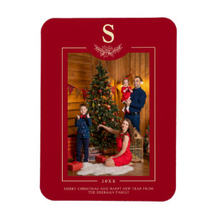 Imán Red Merry Christmas Monogramed Photo Family