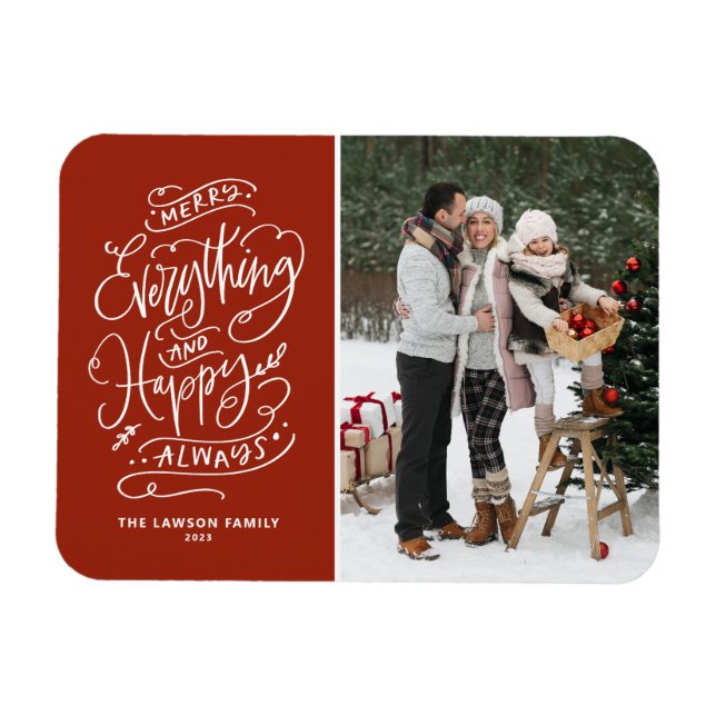 Imán Red Merry Everything and Happy Always Photo (Horizontal)