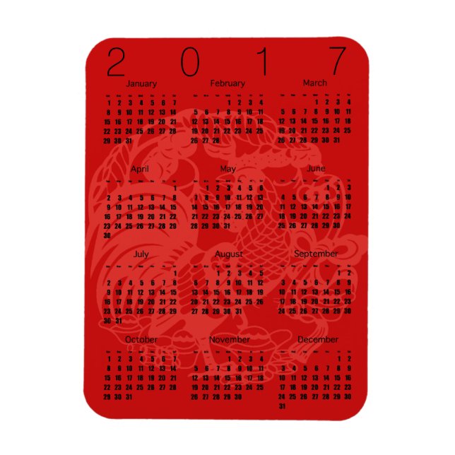 Imán Red Papercut Rooster Calendar 2017 Magnet (Vertical)