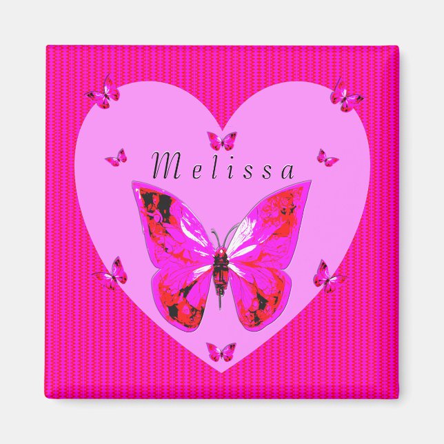 Imán Red Purple Butterflies Fancy Script Custom Name   (Frente)