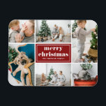 Imán Red Retro Merry Christmas Collage de fotos<br><div class="desc">Feliz Navidad! ¡Traiga un toque de alegría navideña a su casa con nuestro imán de Navidades fotográficos de Personalizable! Perfecto para mostrar recuerdos preciados, este imán te permite personalizarlo con tu foto festiva favorita, haciéndolo un complemento único a tu decoración de vacaciones. Presenta tipografía retro y una plantilla de collage...</div>