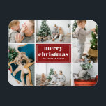 Imán Red Retro Merry Christmas Collage de fotos<br><div class="desc">Feliz Navidad! ¡Traiga un toque de alegría navideña a su casa con nuestro imán de Navidades fotográficos de Personalizable! Perfecto para mostrar recuerdos preciados, este imán te permite personalizarlo con tu foto festiva favorita, haciéndolo un complemento único a tu decoración de vacaciones. Presenta tipografía retro y una plantilla de collage...</div>