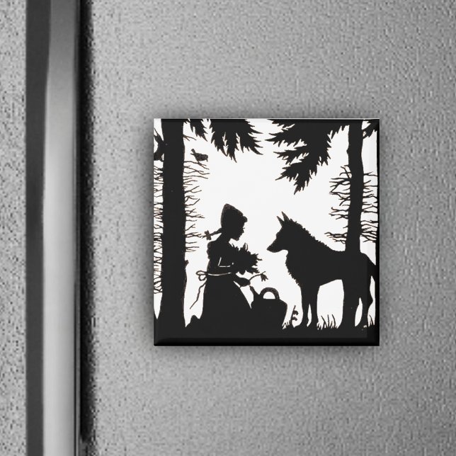 Imán Red Riding Hood Silhouette Magnet (Black and white image Red Riding Hood in woods under trees with Wolf on magnet.)