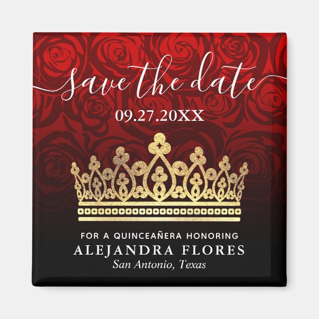 Imán Red Rose Gold Black Quinceanera Save the Date (Frente)