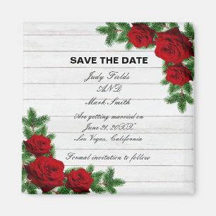 Imán Red Roses And Pine Branch Christmas Save The Date