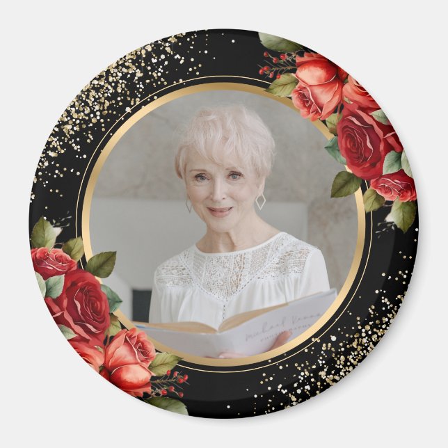 Imán Red Roses Black Gold Floral Photo (Frente)