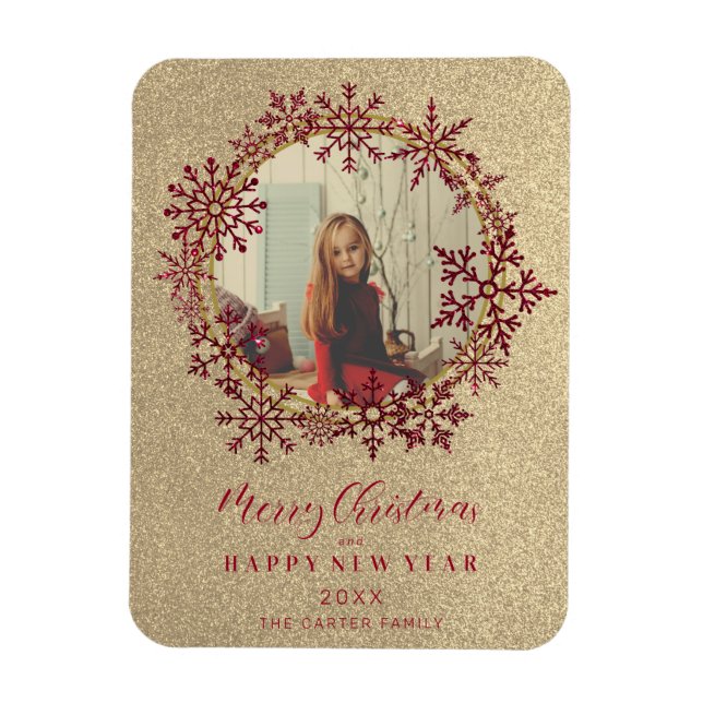 Imán Red Sparkles Snowflakes Navidad foto de familia (Vertical)