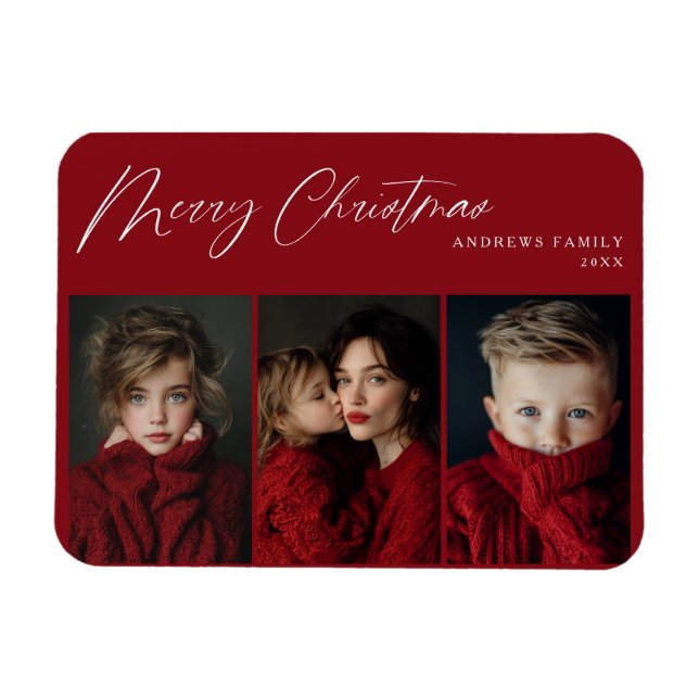 Imán Red Three photo Christmas Holiday Design (Horizontal)
