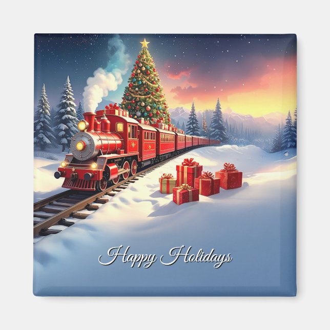 Imán Red Train Christmas Tree Holiday Magnet (Frente)