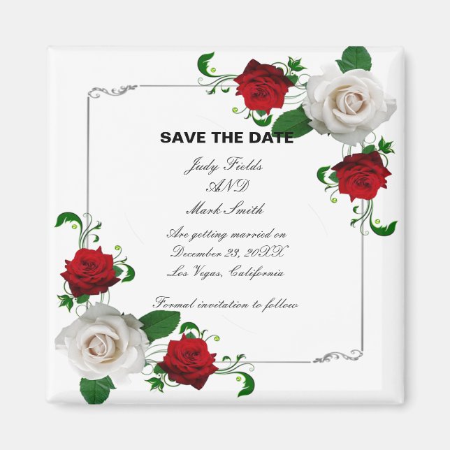 Imán Red & White Roses Christmas Wedding Save The Date (Frente)