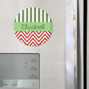 Imán Red Zigzag, Chevron, Green Stripes, Tu Nombre