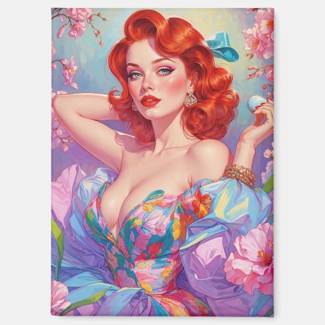 Imán Redhead Pin-Up con flores rosadas de huevo de Pasc (Anverso)
