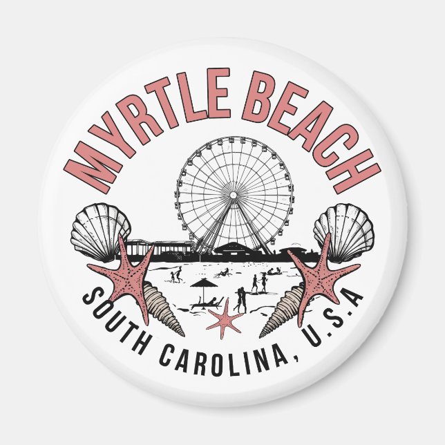 Imán redondo con viñeta retro de Myrtle Beach (Frente)