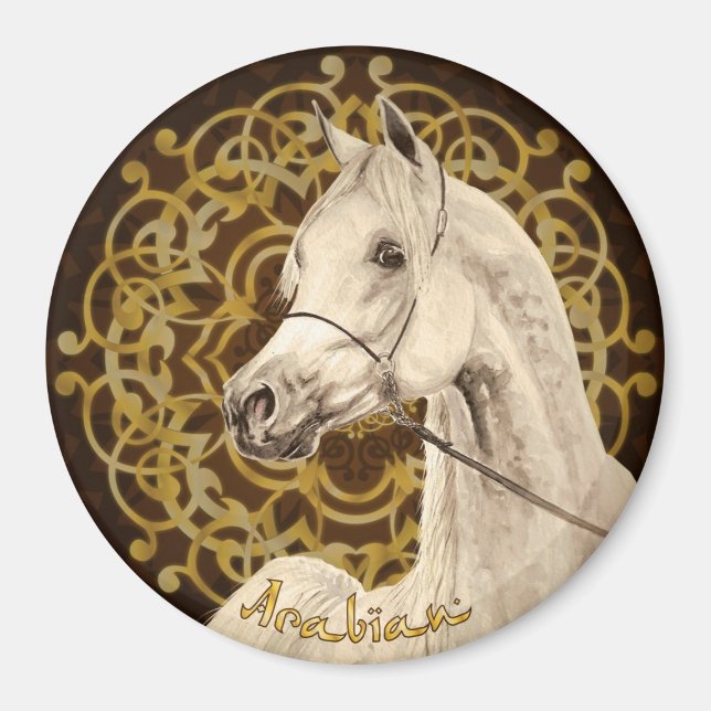 Imán redondo de caballo árabe gris (Frente)