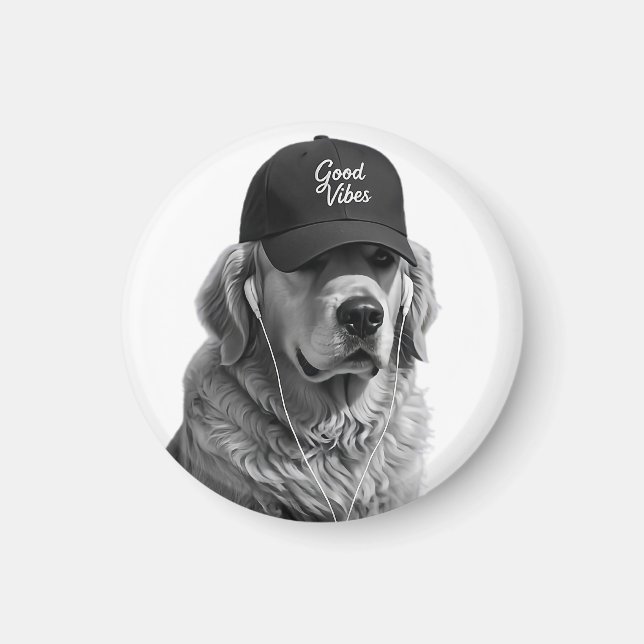 Imán redondo de Cool Golden Retriever Good Vibes (Frente)